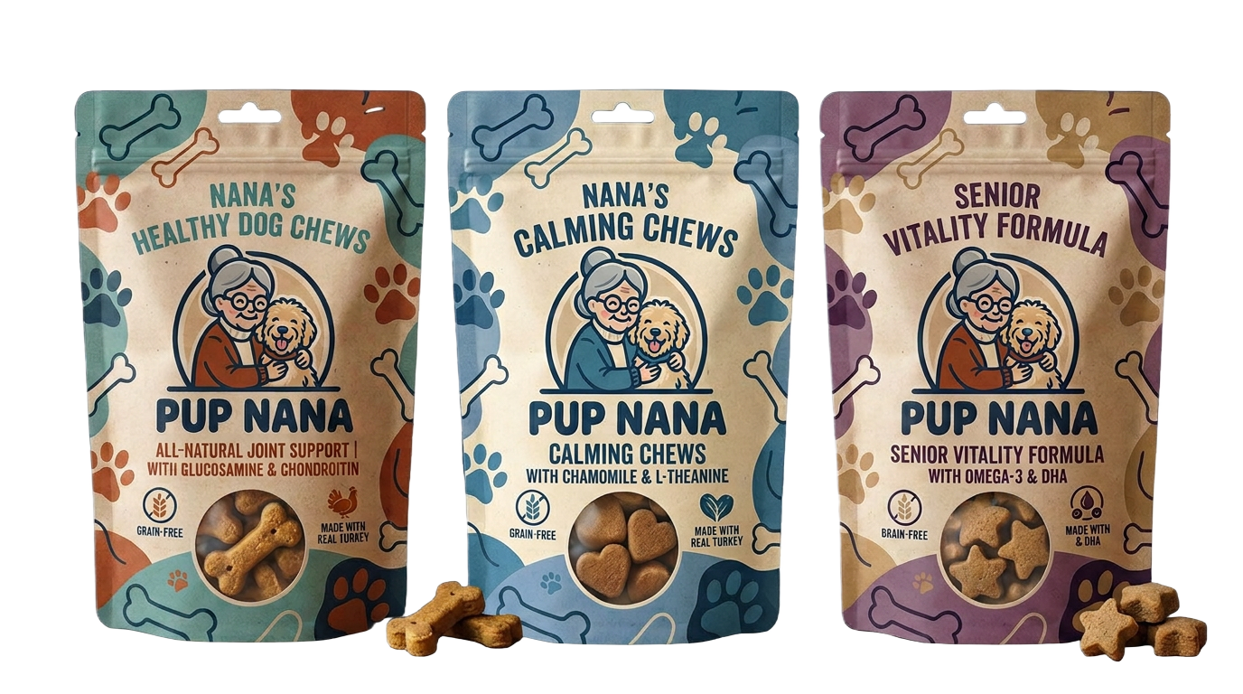 Sample Pup Nana dog treat packaging concepts: healthy chews, calming chews, and senior vitality formula